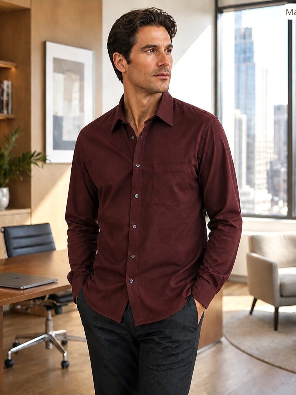 DKNY Men's Button-Down Cotton Blend Shirt Burgundy Y2K Straight Hem Pocket XL